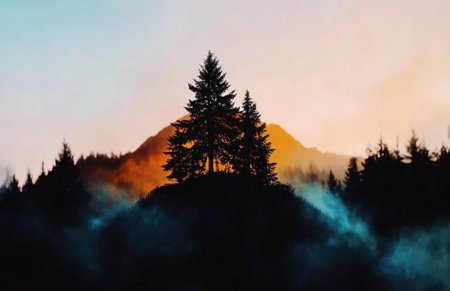 Majestic trees stand in silhouette on a hill as the sun sets behind mountains, casting a warm glow. Mist envelops the scenery, enhancing the tranquil atmosphere.の素材