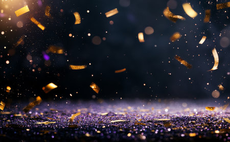 Confetti in various colors cascades through the air creating a lively atmosphere during a nighttime celebration. Sparkling lights add excitement to the festivity.の素材