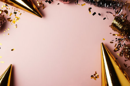 Golden party hats and colorful confetti surround a soft pink background, creating a vibrant atmosphere perfect for a celebration or festive gathering with friends and family.の素材