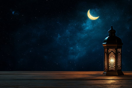 A beautifully designed lantern emits a warm glow against a backdrop of countless stars in a serene night sky. The peaceful ambiance enchants anyone who gazes upward.の素材