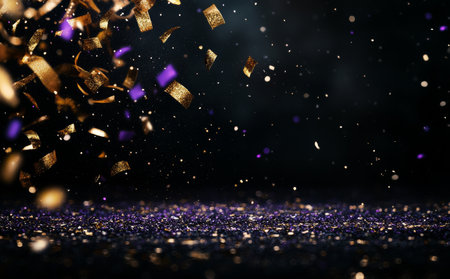 Golden and purple confetti cascades down onto a dark, glittery surface, creating a festive atmosphere for a celebration. The bright colors enhance the excitement of the occasion.の素材