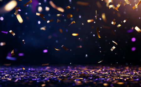 Golden and purple confetti cascades down onto a dark, glittery surface, creating a festive atmosphere for a celebration. The bright colors enhance the excitement of the occasion.の素材