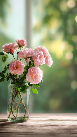 A bunch of fresh pink roses is arranged in a glass vase, placed on a wooden table near a sunny window with greenery in the background, creating a serene atmosphere.の素材