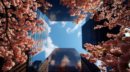Cherry blossoms surround tall glass buildings, creating a beautiful contrast against the clear sky. The vibrant flowers symbolize springtime in a bustling city environment.の素材