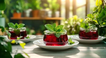Mint jelly is elegantly presented in glass jars on white plates, surrounded by lush greenery. Late afternoon sunlight creates a warm and inviting atmosphere.の素材