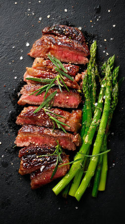 Juicy grilled steak is sliced and served alongside fresh asparagus spears. This dish highlights the contrast of colors and textures, perfect for a hearty meal.の素材