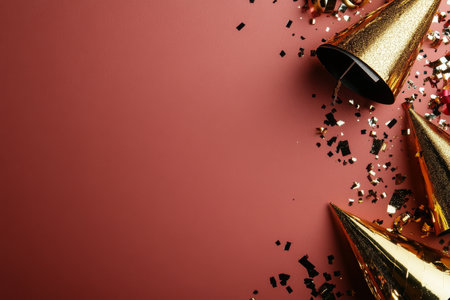 Colorful party hats and scattered confetti lay on a maroon background, creating a vibrant atmosphere for festive celebrations and gatherings, perfect for special occasions.の素材