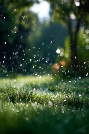 Fresh droplets of dew glisten on the vibrant green grass in a tranquil garden setting as morning sunlight filters through the trees.の素材