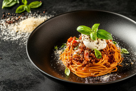 A rich serving of spaghetti topped with savory meat sauce, fresh basil leaves, and creamy cheese, arranged beautifully in a sleek black bowl on a textured surface.の素材