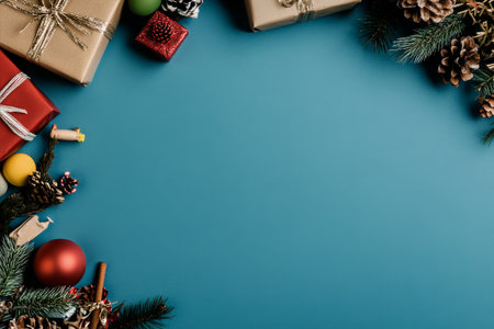 Colorful wrapped gifts and natural decorations create a festive atmosphere on a blue background, perfect for holiday celebrations and gatherings with family and friends.の素材