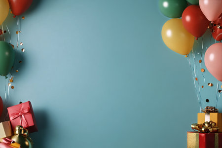 Bright balloons in various colors surround a festive arrangement of gifts, creating a joyful atmosphere perfect for celebrations, parties, and special occasions.の素材