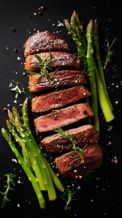 Tender steak slices are perfectly grilled and garnished with herbs, paired with vibrant asparagus stalks on a black slate platter, creating an inviting meal.の素材
