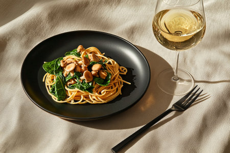 A plate of cooked spaghetti topped with sauted mushrooms and fresh spinach is placed on a light linen tablecloth. A glass of white wine complements the meal.の素材
