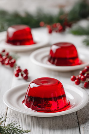 Two bright red jelly desserts sit on white plates, surrounded by delicate greenery. The setting suggests a casual gathering or celebration, inviting everyone to enjoy a sweet treat.の素材