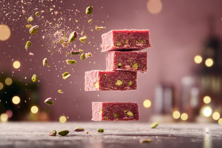 Pistachio sweets hover gracefully above a surface, surrounded by scattered nuts. A soft, blurred background hints at a joyful celebration filled with warm lights.の素材