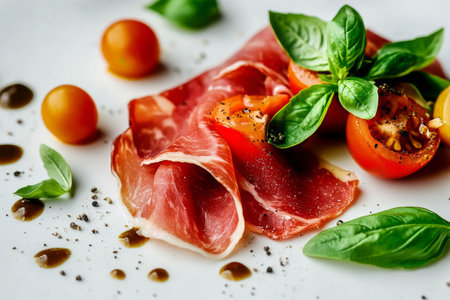 Slices of prosciutto lay beside fresh basil leaves and ripe tomatoes on a white background, showing a vibrant and appetizing arrangement perfect for a culinary display.の素材