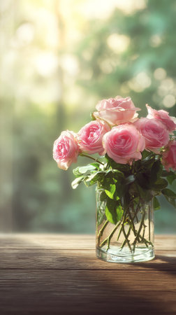A bunch of fresh pink roses is arranged in a glass vase, placed on a wooden table near a sunny window with greenery in the background, creating a serene atmosphere.の素材