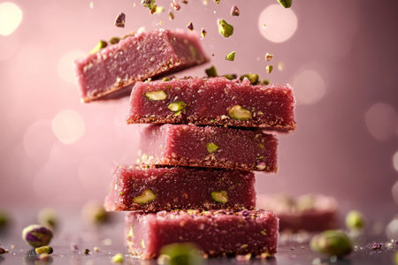 Four pink fudge squares with pistachios are stacked, while some pieces fall. The light background adds a soft glow, creating an inviting atmosphere for sweet treats.の素材