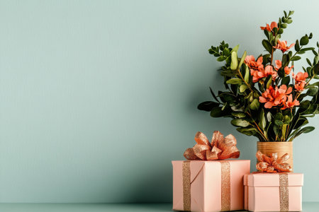 A stylish display features a bouquet of lush greenery and delicate flowers alongside wrapped gifts adorned with ribbons. Perfect setting for celebrations and events.の素材