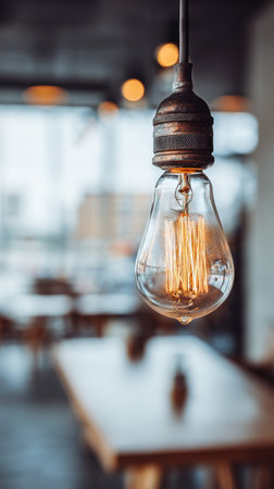 A vintage light bulb hangs low, casting a warm glow in a bustling cafe filled with blurred patrons and wooden tables. The inviting atmosphere invites conversation and relaxation.の素材