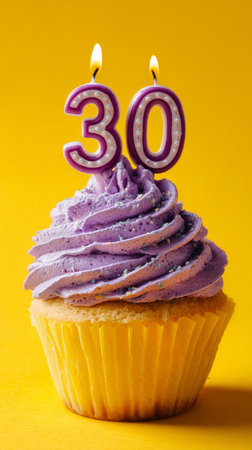A vibrant cupcake topped with swirls of purple frosting and colorful sprinkles, showing a festive 30 candle. This delightful treat is perfect for a milestone birthday celebration.の素材