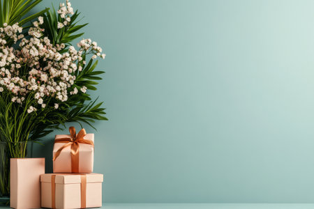 A stylish display features a bouquet of lush greenery and delicate flowers alongside wrapped gifts adorned with ribbons. Perfect setting for celebrations and events.の素材