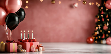 Colorful balloons and neatly wrapped gifts create a joyful atmosphere. Four candles on a cake are lit, enhancing the festive vibe alongside a decorated Christmas tree.の素材
