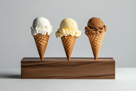Three distinct ice cream cones sit on a wooden base, showing vanilla, lemon, and chocolate flavors. The simple setup highlights the textures and colors of the desserts.の素材