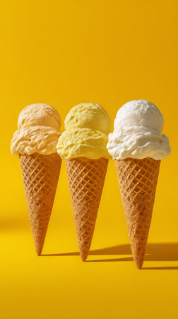 Three ice cream cones featuring orange, yellow, and white flavors stand on a vivid yellow background, creating a cheerful and inviting dessert display.の素材