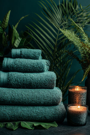 Soft, plush towels are stacked harmoniously beside glowing candles and lush green plants in a calming environment filled with serenity.の素材
