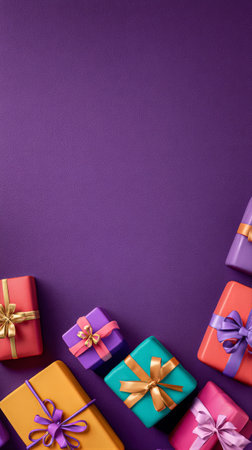 Various vibrant gift boxes are scattered on a rich purple surface, adorned with ribbons and bows, perfect for a celebration or special occasion. The atmosphere is joyful and festive.の素材