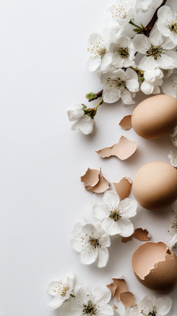 Fresh brown eggs are surrounded by white cherry blossoms and eggshell fragments, creating a delicate and serene spring theme on a light background.の素材