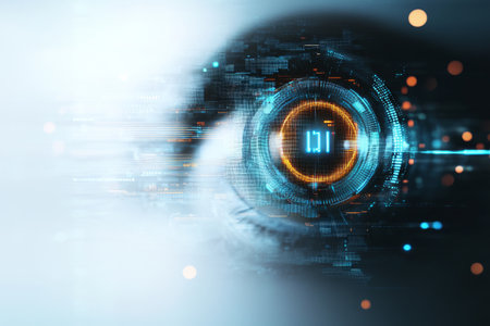 A striking digital representation of an eye featuring a blue glowing core, overlaid with abstract technology patterns, set against a minimalistic white background.の素材