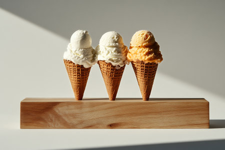 Three ice cream cones in waffle cups stand on a wooden platter. Each cone features different flavors, showcasing a pleasing arrangement against a soft, neutral backdrop.の素材