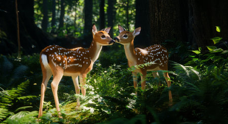 Two young fawns are exploring a tranquil stream in a lush forest, surrounded by vibrant greenery and soft sunlight filtering through the trees.の素材