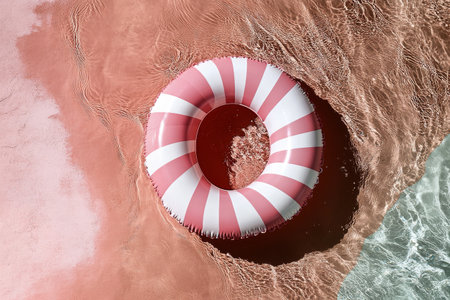 A vibrant striped pool float rests in a serene pool, reflecting the warm orange wall behind. The calm water creates a tranquil atmosphere ideal for relaxation on a sunny day.の素材