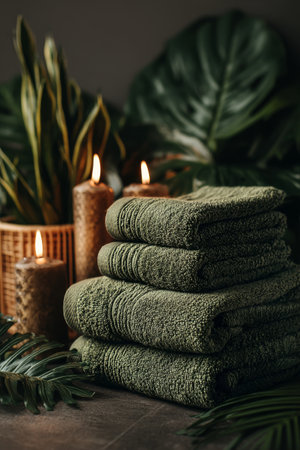 A calming arrangement featuring stacked dark green towels, flickering candles, and decorative plants in a serene spa-like setting, creating a peaceful atmosphere for relaxation.の素材