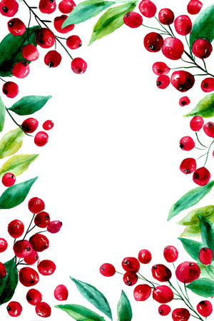 Colorful red berries and green leaves create a vibrant border, perfect for crafting cards or invitations. The floral arrangement adds a touch of nature and warmth to any design.の素材
