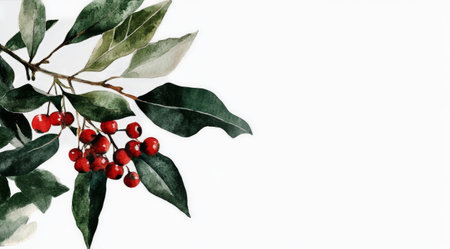 Bright red berries grow on lush green leaves, creating a vibrant display ideal for winter decoration and seasonal festivities. This arrangement captures the essence of the holidays.の素材