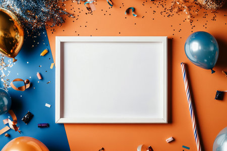 Colorful party decorations surround an empty frame on a vibrant backdrop. Balloons, streamers, and confetti create a joyful atmosphere, perfect for invitations or announcements.の素材