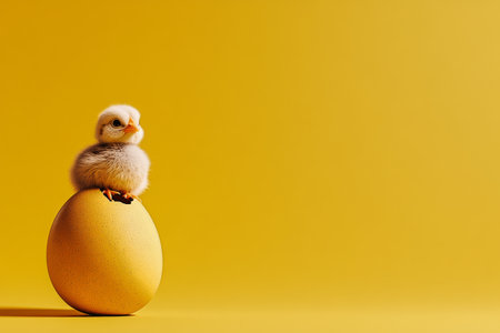 A fluffy yellow chick sits on top of a large yellow egg, set against a vibrant yellow backdrop. The adorable scene captures the charm of new life and creativity.の素材