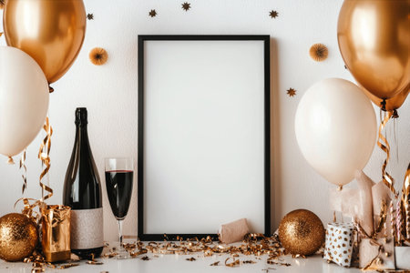 A chic decoration features an empty white frame and balloons in soft colors arranged near lush plants against a textured white wall. Perfect for a celebratory event.の素材