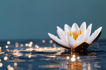 A serene lotus flower rests gently on calm water, illuminated by soft, glowing lights in the background, creating a peaceful nighttime ambiance.の素材