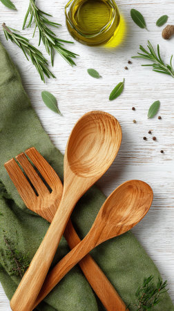 A set of wooden cooking utensils placed on a green cloth, accompanied by fresh herbs and a small bottle of olive oil. The rustic table setting enhances the culinary atmosphere.の素材