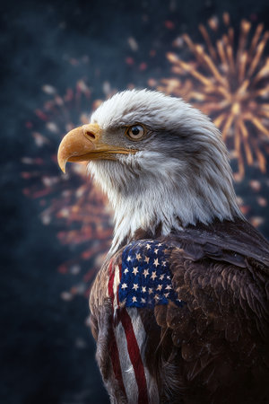 A majestic eagle with an American flag detail on its feathers stands proudly as vibrant fireworks explode in the night sky, showcasing a festive patriotic atmosphere.の素材
