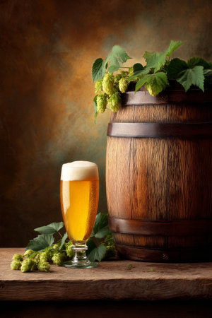 A glass filled with golden beer sits beside a wooden barrel. Fresh hop cones and green leaves surround the base, creating a rustic atmosphere perfect for enjoying a drink.の素材