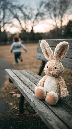A child walks away from a park bench where a beige stuffed bunny sits alone. The setting is a grassy area with an overcast sky, creating a calm atmosphere.の素材