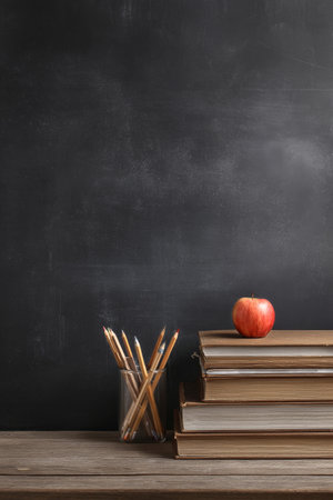 Books are stacked on a wooden desk along with a glass jar filled with colorful pencils and a shiny apple, creating a perfect study atmosphere for a classroom.の素材