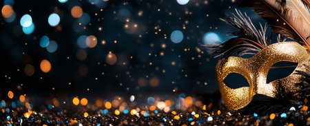 A striking golden mask adorned with feathers rests on a sparkling surface while out-of-focus lights create a festive atmosphere, perfect for a celebration like a masquerade.の素材