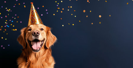 A golden retriever wears a bright party hat while surrounded by colorful confetti, showcasing joy and excitement in a cheerful indoor setting during a celebration.の素材